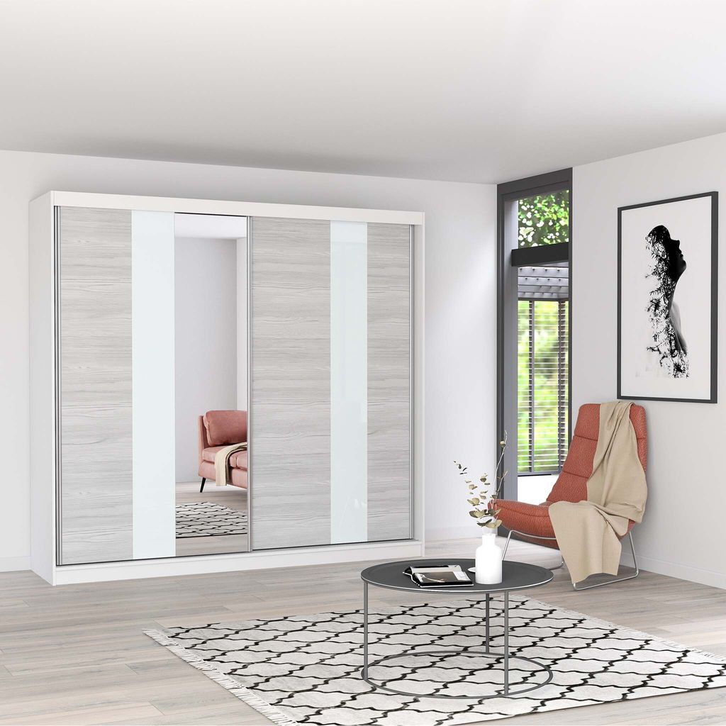 Schwebetürenschrank Kleiderschrank Schrank 233 cm Weiß/Kathult mit Spiegel und Lacobel Glaseinsatz Multi 32