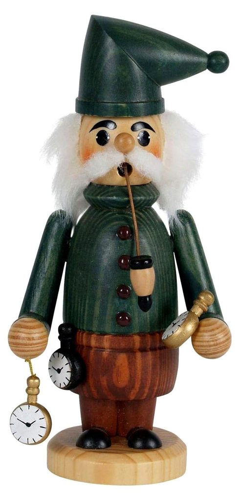 Räuchermännchen Uhren-Händler grün-gebeizt, 18 cm, handbemalte Dekofigur im Kunsthandwerks-Stil