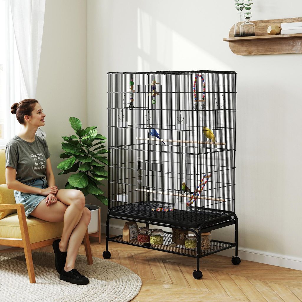 Vogelkäfig mit öffnbarem Dach, Sitzstangen & Spielzeug, Stahl, Schwarz | 97 x 58 x 160 cm | 10 Türen | herausn. Bodenwanne