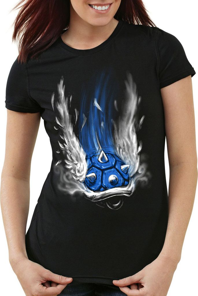 style3 Blauer Panzer T-Shirt Damen kart videospiel konsole mario, Farbe:Schwarz, Größe:M