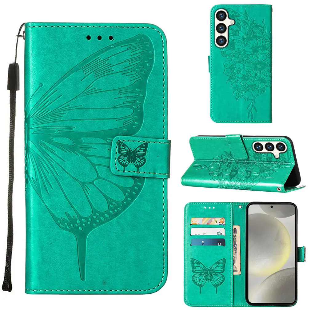 Custodia per Samsung Galaxy S24+, Custodia a farfalla in pelle con tasca per carte e supporto verde