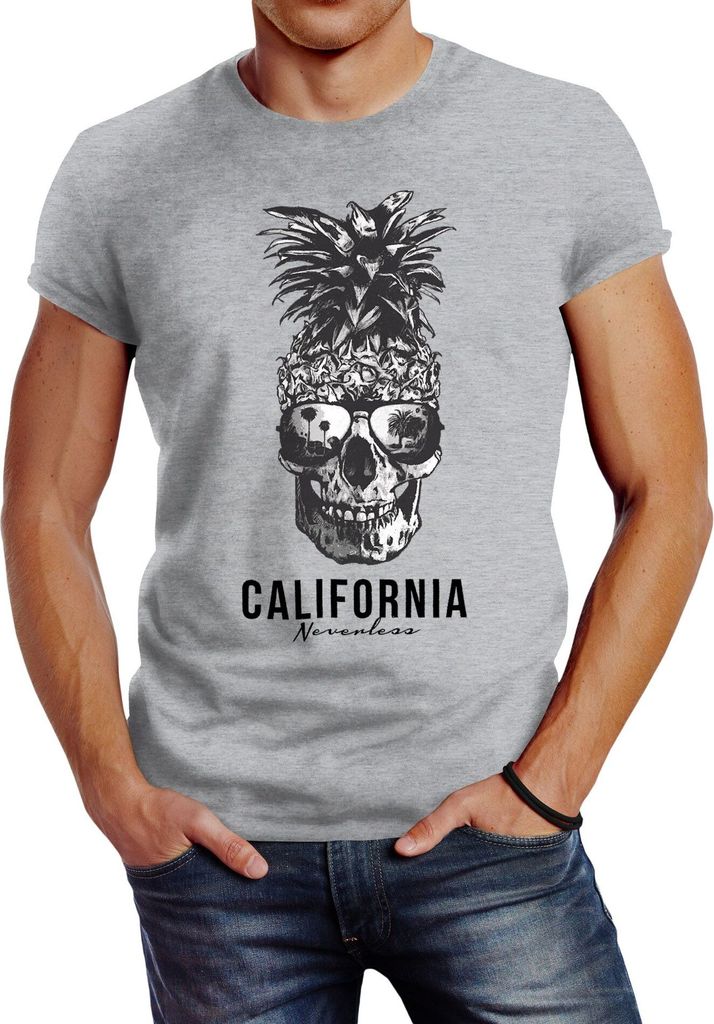 Cooles Herren T-Shirt Pineapple Skull Sonnenbrille Ananas Totenkopf Slim Fit Neverless grau XXL