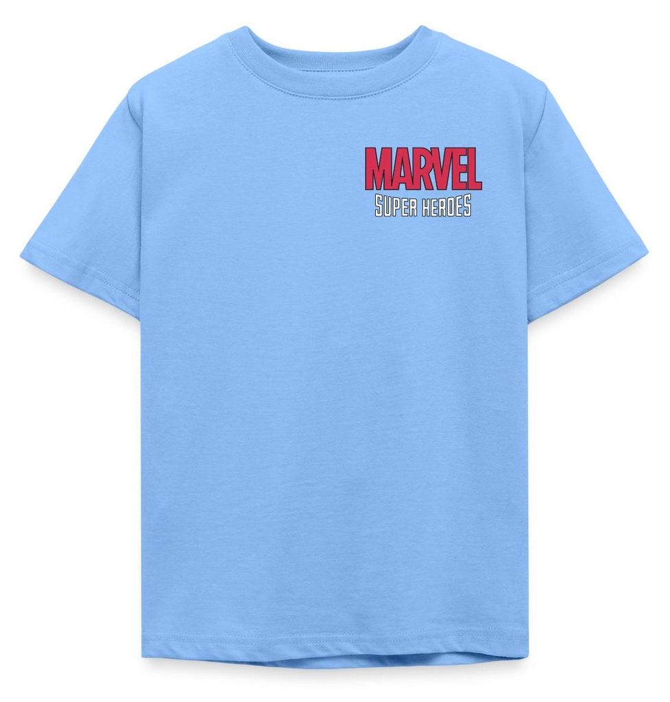 Spreadshirt Avengers Marvel Superhelden Chest- Und Backprint Kinder T-Shirt, 110/116 (5-6 Jahre), Himmelblau