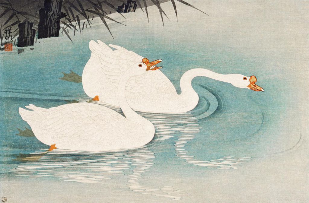Plakat 86,4x56,8cm Gänse zwischen Schilfrohr, japanischer Vintage-Koson für das Wohnzimmer