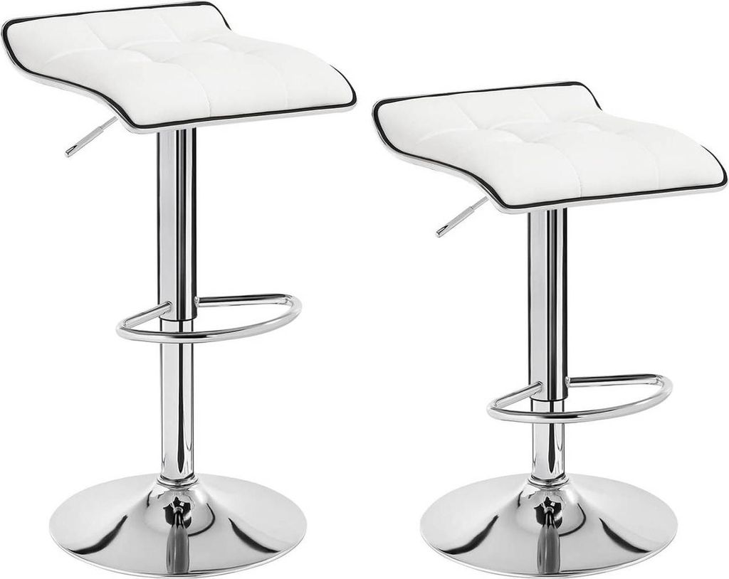 Two white bar stools with chrome bases and accents, presented against a white background.