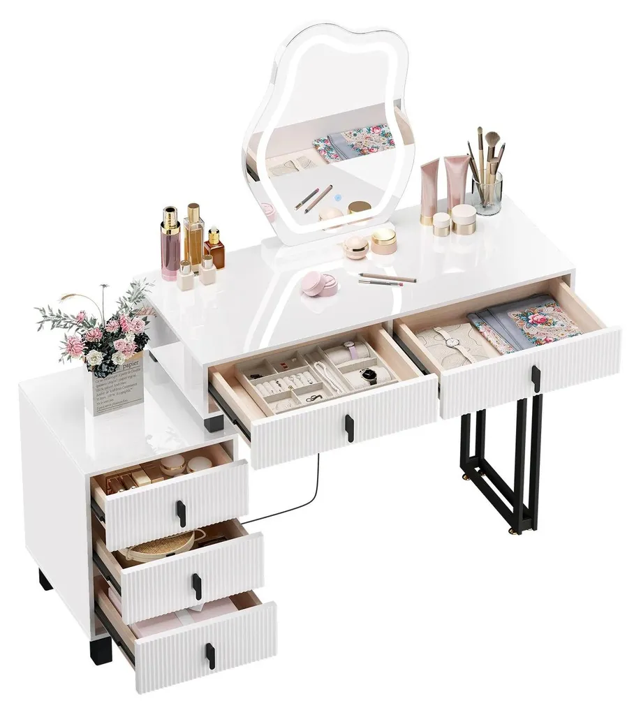 Coiffeuse avec miroir asymétrique et éclairage LED réglable - Blanc - 3
