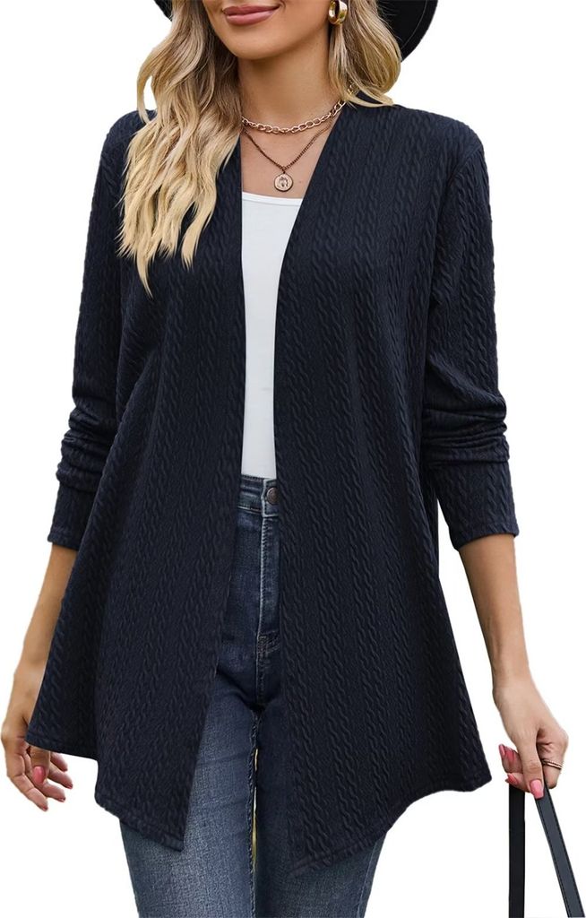 ASKSA Damen Strickjacke Kable Drapieren Lange aermel Offene Vorne Elegante Cardigan Strickpullover, Dunkelblau, S