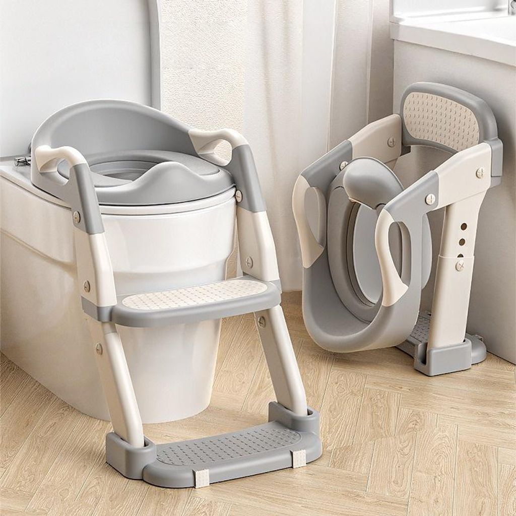 Kinder Toilettensitz mit Stufe, 3-in-1 klappbar, rutschfest, höhenverstellbar, weiche PolyurethanPolster, Training, Grau