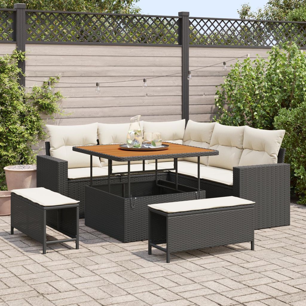 Cloris Gartenlounge Set 8-teiliges Garten Sofa Set mit Kissen Schwarz Poly Rattan Akazie - Terassenmöbel Gartenmöbel Design7911301