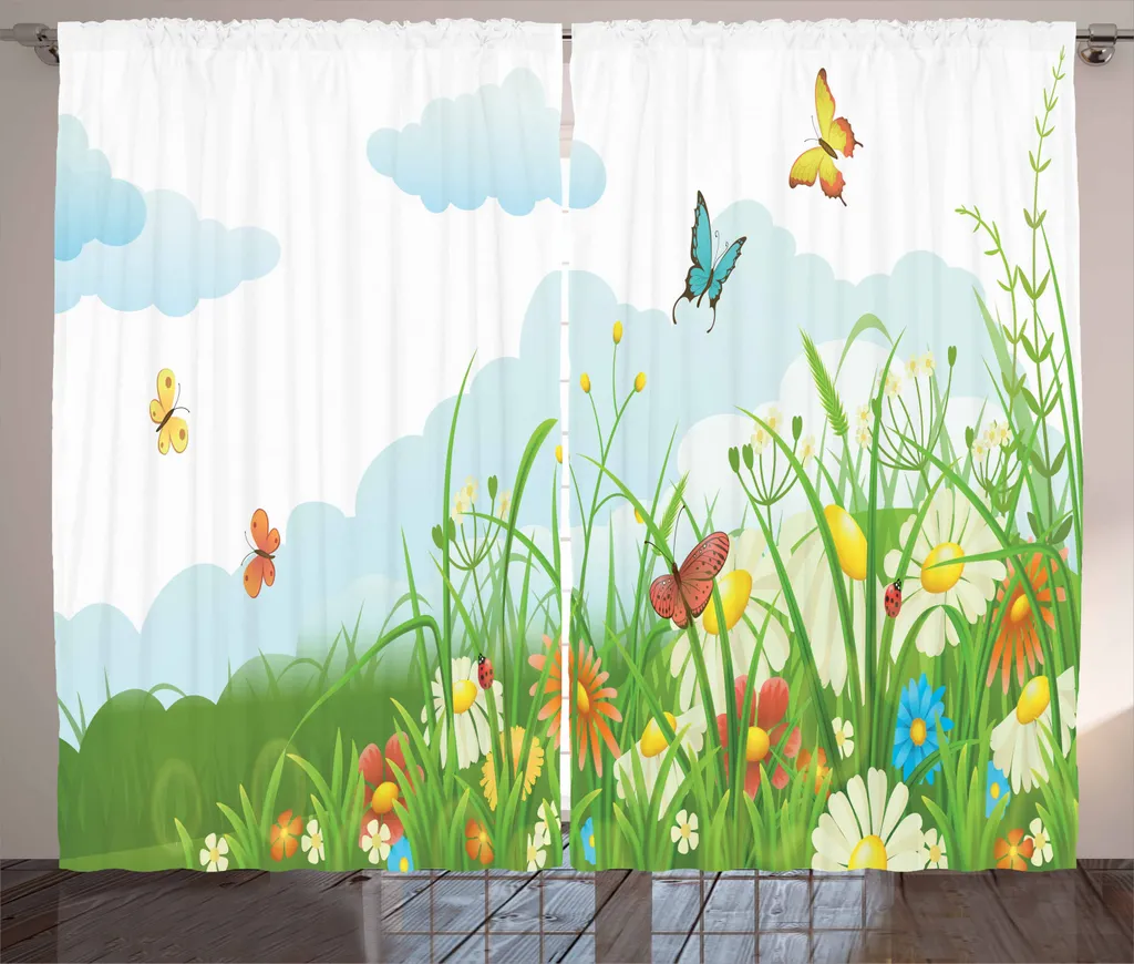 ABAKUHAUS Tenda rustica in erba, nuvole con prato primaverile, soggiorno Tenda universale con passanti e ganci, 280 x 225 cm, multicolore