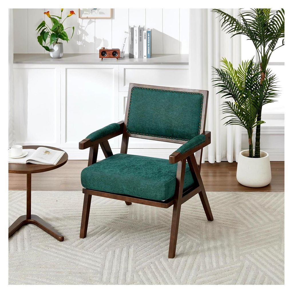 Mid-Century moderner Stoff-Lounge-Sessel mit Armlehnen und Holzrahmen, gepolstert, für Wohnzimmer/Schlafzimmer/Arbeitszimmer/Bürodekoration (Grün)