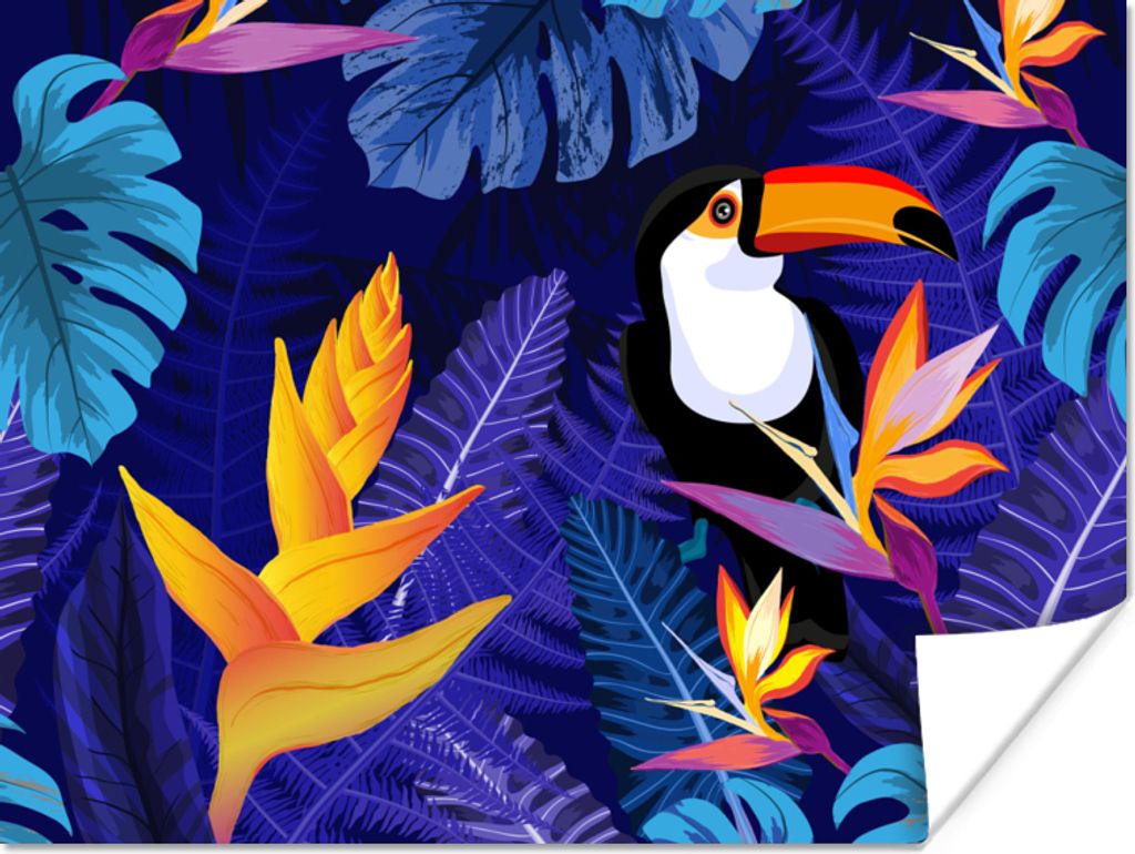 MuchoWow Poster Dschungel - Tukan - Blumen - Pflanzen - Kinder - Lila - Tiere 160x120 cm - Foto Plakat