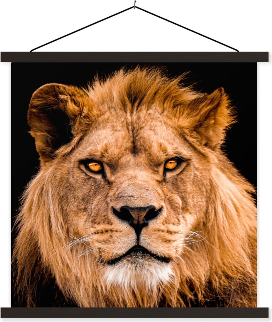 MuchoWow Textilposter Löwe - Porträt - Schwarz 90x90 cm mit schwarzem Rahmen - Magnetisches