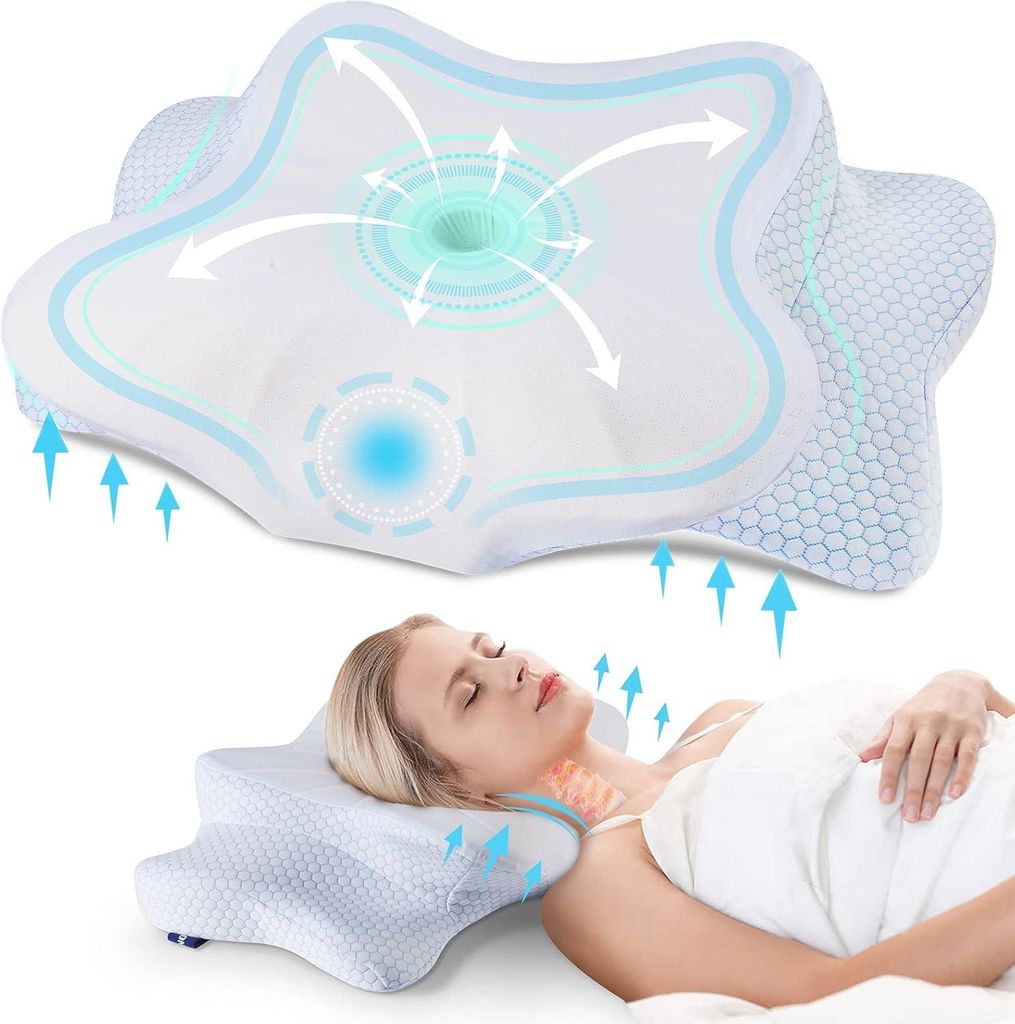 Ergonomisches Kissen für Nacken und Schultern Memory-Schaum 63x38x9/14 cm blau-weiß