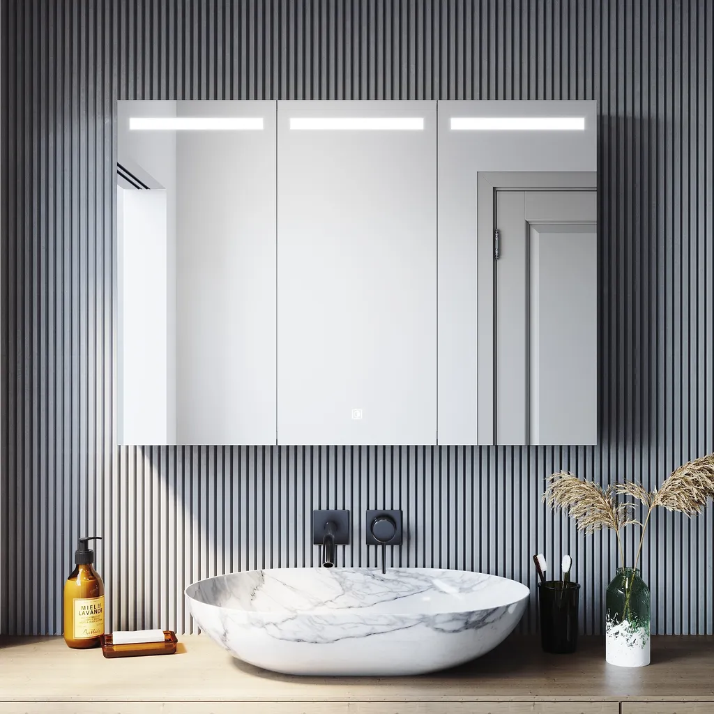 Grand miroir de salle de bain avec rangement 90cm LED et prise rasoir