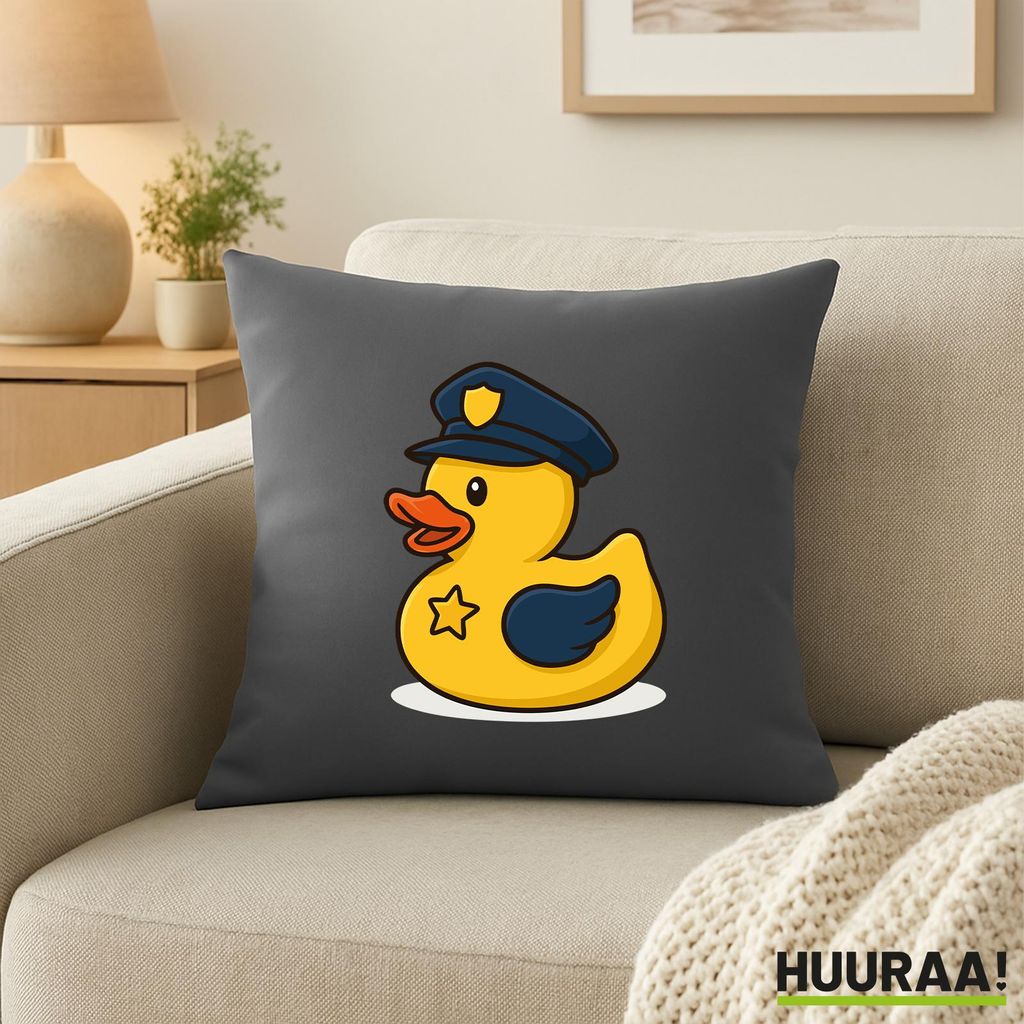 Huuraa Kissen Quietscheente Polizei Comic Gummiente 40x40cm mit Füllung Steel Grey Baumwolle Dekokissen Geschenkidee