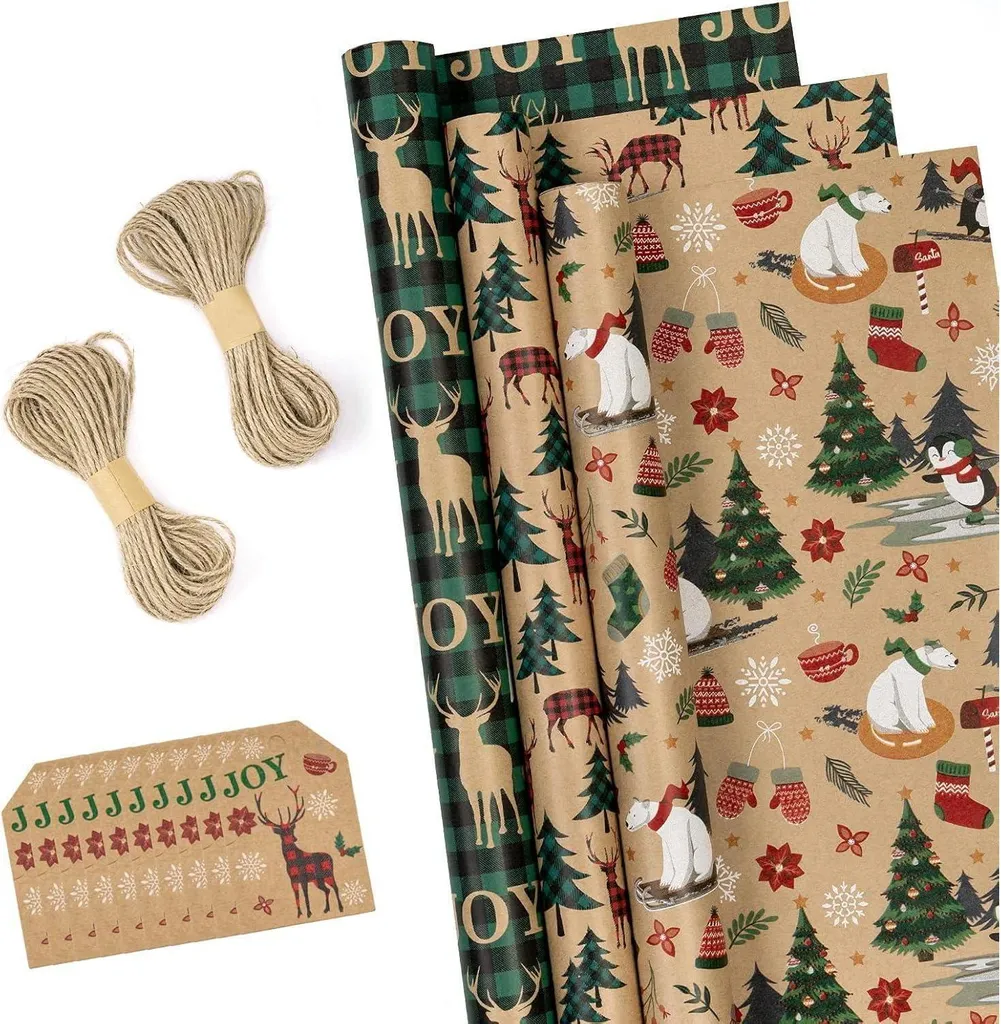 Papier Cadeau Noël Kraft Vert Pingouin 43cm x 3m - Lot de 3 Rouleaux