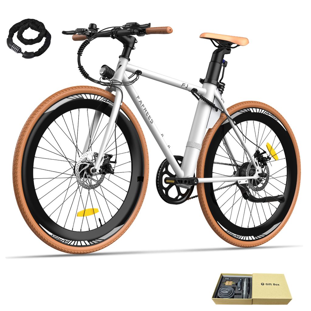 A white electric bicycle with brown accents is displayed on a white background. A black bicycle lock is shown in the upper left corner, and a gift box containing accessories is in the lower right corner.