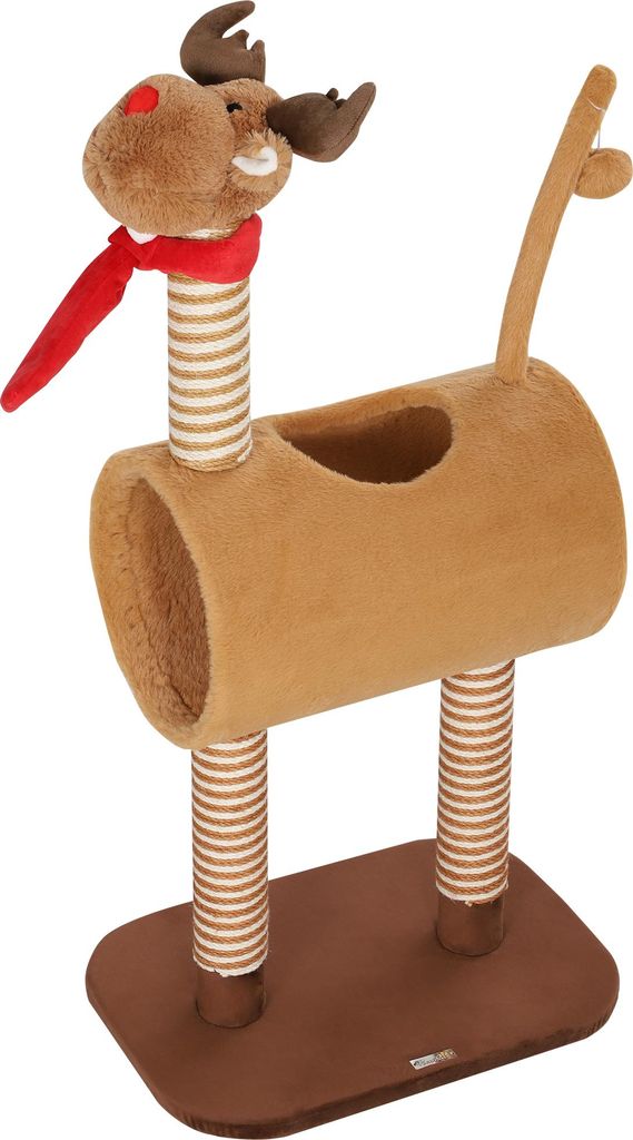 Kratzbaum 98 cm Katzenturm im Hirschdesign, mit Höhle, Spielball, Jutestämme Braun