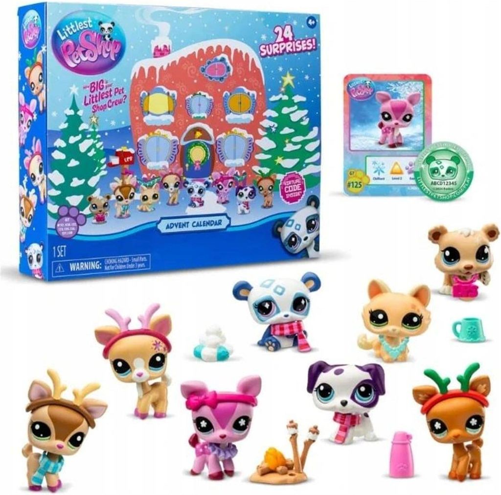 A Littlest Pet Shop Advent Calendar box and several small pet figures.