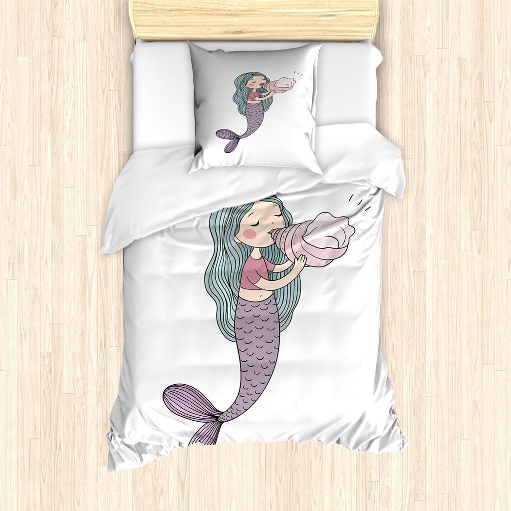 ABAKUHAUS Meerjungfrau Bettbezug Set, Fairytale Character mit einer Seashell-mythologischen Unterwasserfreuden-Kindheit, 135 x 200 cm + 80 x 80 cm,...