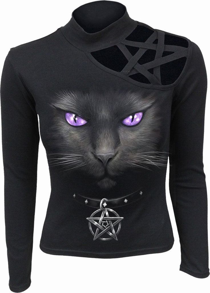 Spiral - Black Cat - Pentagram Shoulder Longsleeve Top