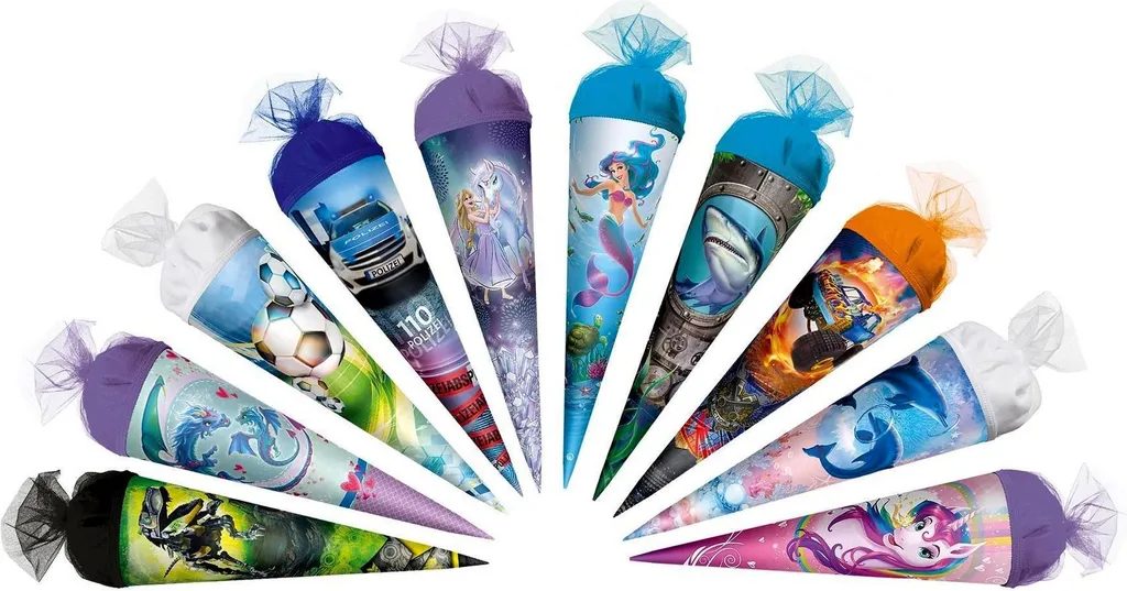 Schultüte ronde 35cm en carton robuste avec décors thématiques divers