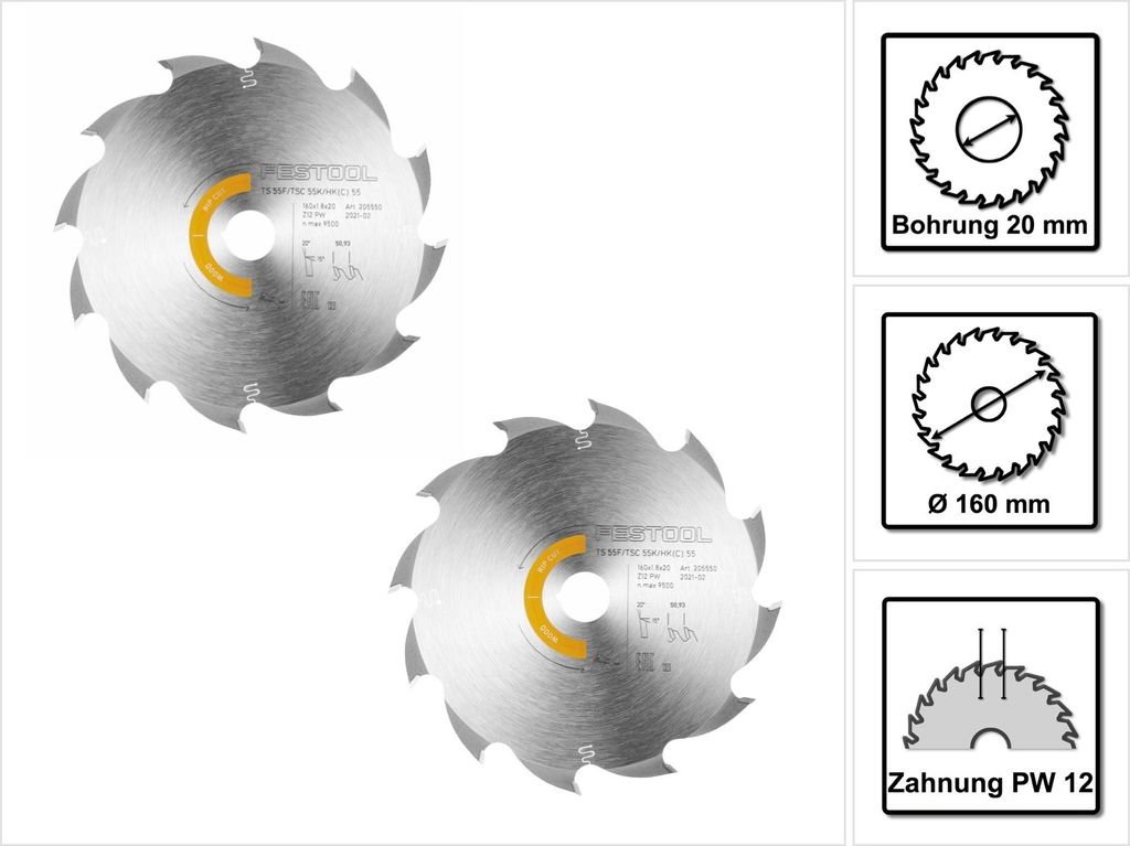 Festool 2x Kreissägeblatt Wood Rip Cut HW 160 x 1,8 x 20 mm PW12 ( 2x 205550 ) für Tauchsägen TS 55 F, TSC 55 K & Handkreissägen HK 55, HKC 55