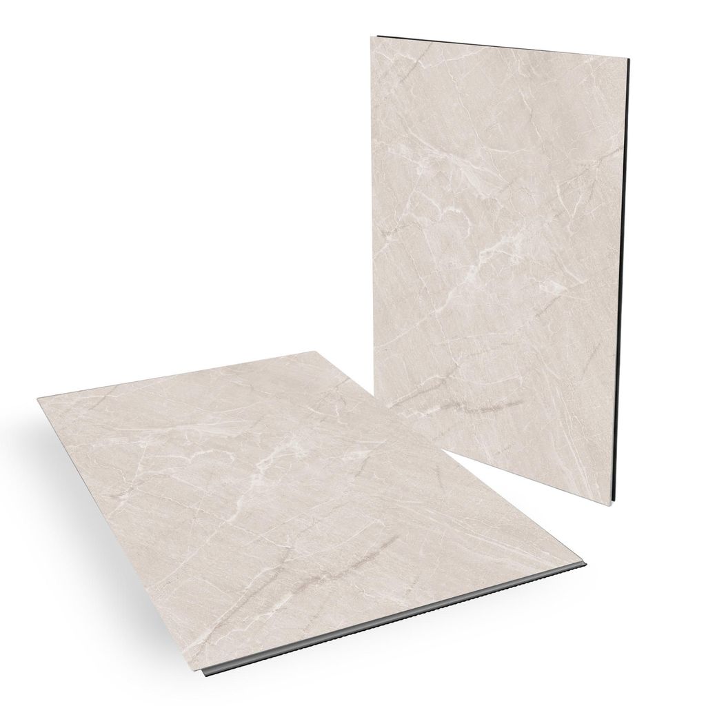 Two vinyl flooring tiles with a stone pattern are shown against a white background. One tile is standing upright, and the other is lying flat in the foreground.