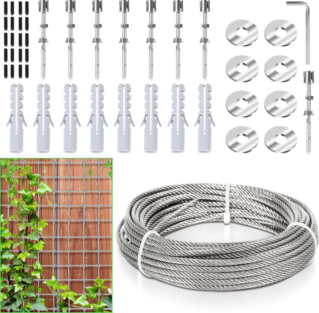 Jopassy 12M Rankhilfe Edelstahl für Kletterpflanzen Drahtseil Stahlseil Set mit Wandhalterung und Seildurchmesser 3 mm Unterstützung