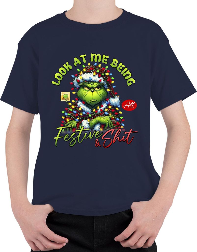 Grinch Look At Me Being Festive Weihnachten lustig Geschenk Uni Kinder T-Shirt, Navy, 152