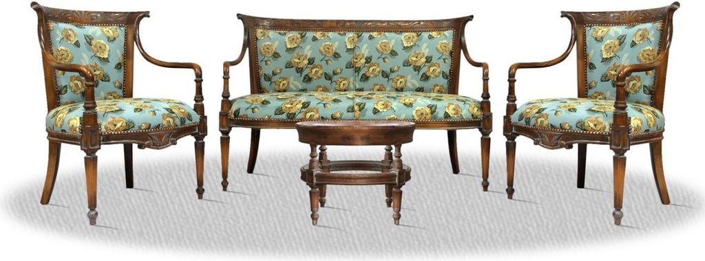 Casa Padrino Salon Set antik braun blau mit Blumenmuster - Luxus Kollektion