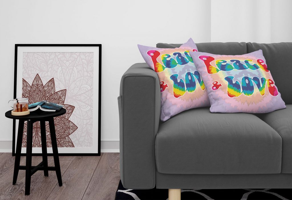 ABAKUHAUS toll Kissenbezug Set (2Stück), Frieden und Liebe Text in Tie Dye Muster energetisch Spaß 60 s 70 s Hippie Design, 60x60cm, Mehrfarbig
