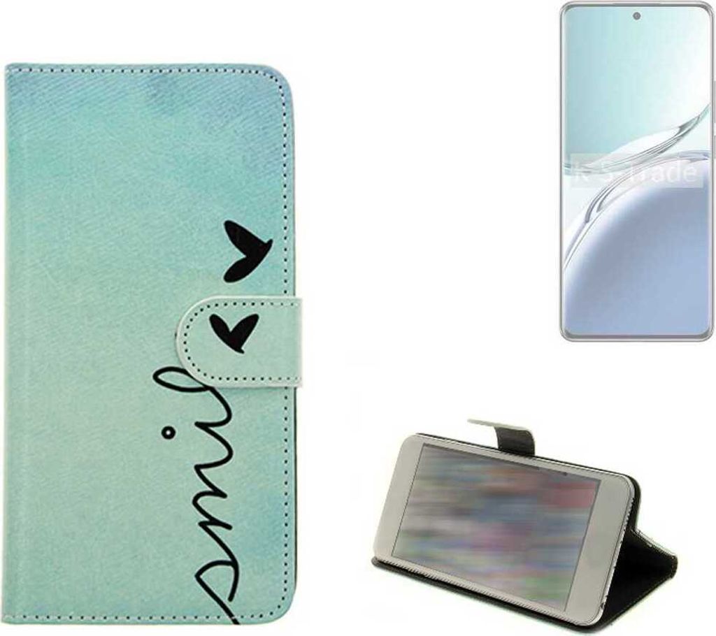 K-S-Trade Schutz Hülle Handy Hülle kompatibel mit Oppo F27 Pro+ Hülle Handyhülle cover bookstyle Etui Handyhülle “smile“ türkis
