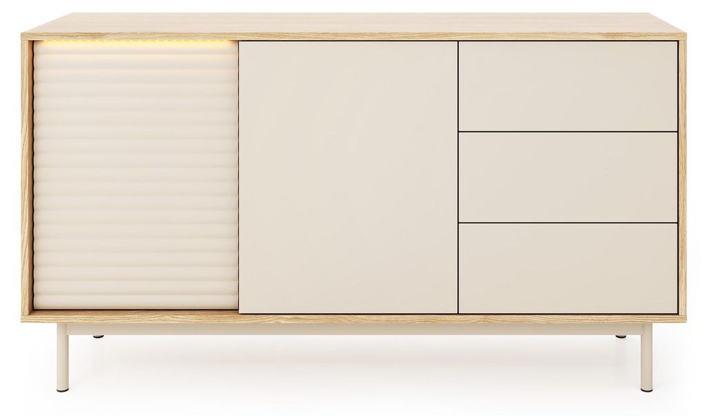 Masseno Kommode KALIMERA 140,1 cm Sideboard mit 3 Schubladen und 2 Türen für Wohnzimmer Schlafzimmer Modern 140,1x40x77,1 cm Eichefarben / Kaschmir