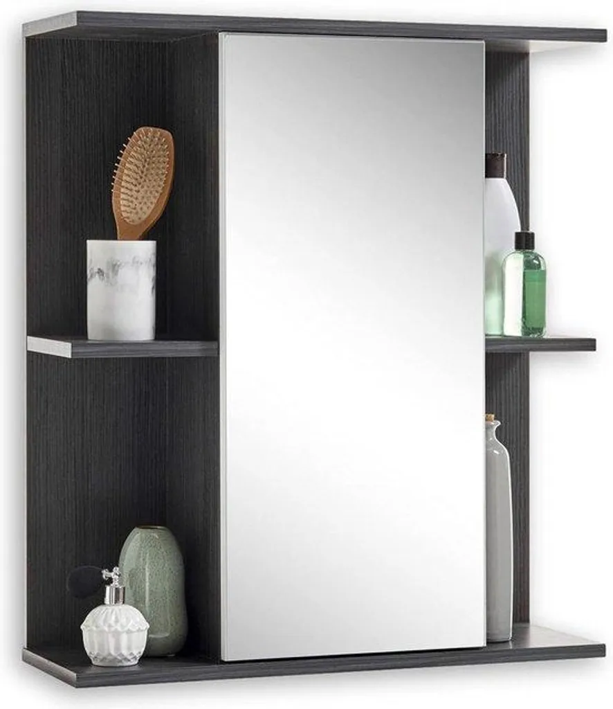Meuble miroir de salle de bain avec LED et étagères chêne blanc brillant