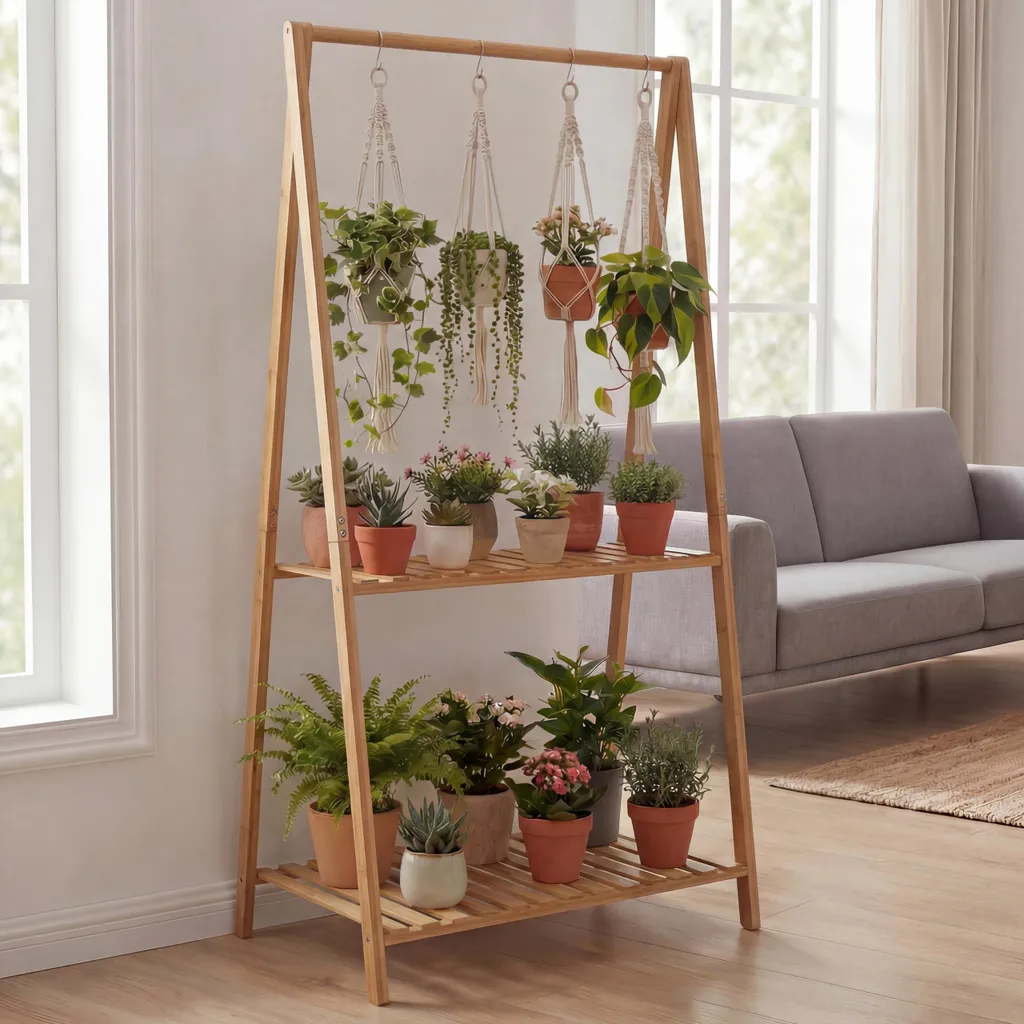 Escalier à fleurs en bois de bambou avec barre de suspension 130x70x44 cm