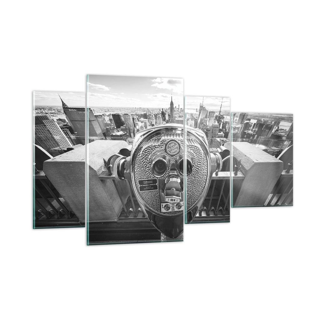Bilder auf glas - 4 Teile - Manhattan Fernglas Ansicht - 120x70cm - Glasbilder - Wandbilder - Bilder - zum Aufhängen bereit - Wanddekoration aus G...