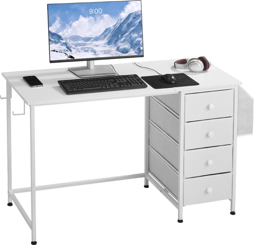 Schreibtisch - Computertisch - Tischplatte 120 x 50 cm - Stoffschubladen - Tragkraft 99 kg - Aufbewahrungshaken - Für Homeoffice - Weiß