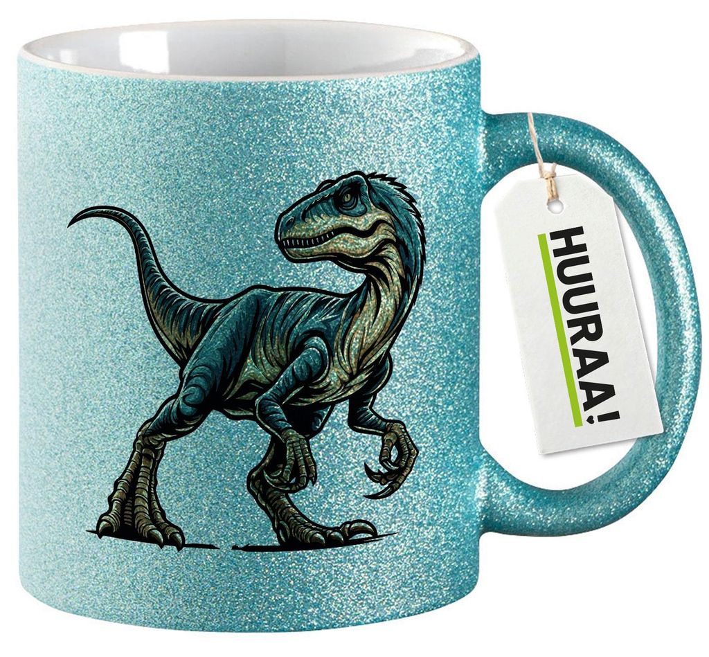 Huuraa Glitzertasse Velociraptor Dinosaurier 330ml Blau Keramik Kaffeebecher Geschenkidee