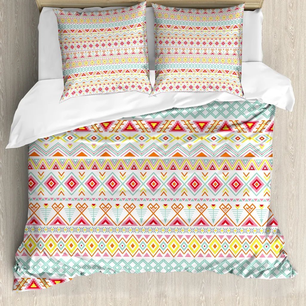 ABAKUHAUS Copripiumino tribale, stile nativo arte azteca, antiacaro, adatto a chi soffre di allergie, con federe, 200 cm x 200 cm - 80 x 80 cm, giallo rosa acquamarina