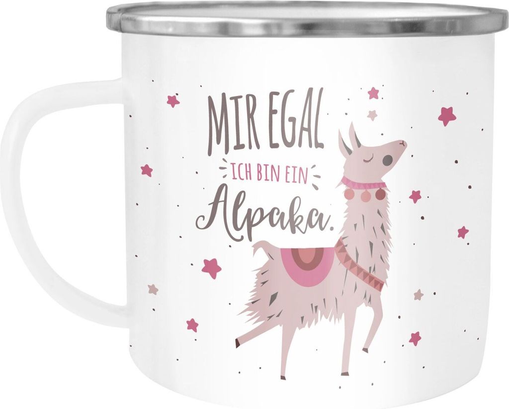 Emaille Tasse Becher mit Spruch und Motiv Mir egal ich bin ein Alpaka Bürotasse Kaffeetasse MoonWorks weiß-metall Emailletasse
