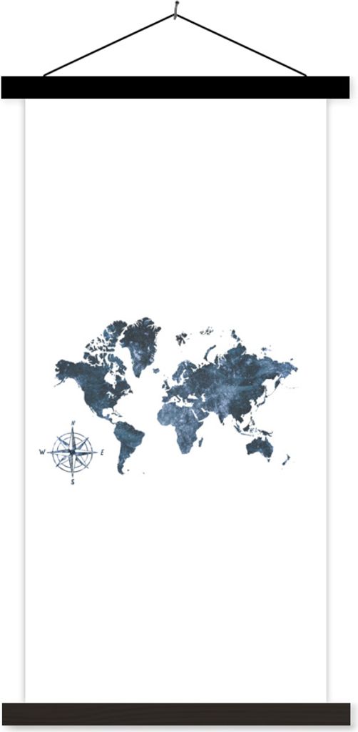 MuchoWow Textilposter Weltkarte - blau - Kompass 40x80 cm mit schwarzem Rahmen - Wandemalerei