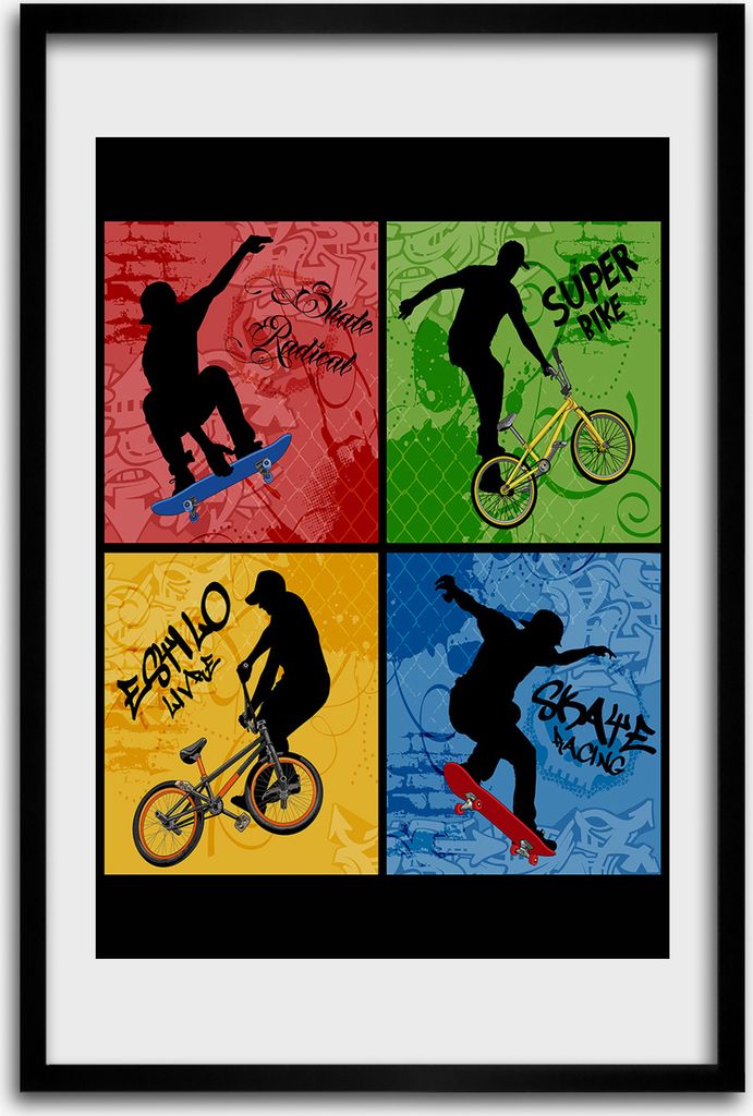 Bild - Bilderrahmen - 40 cm x 60 cm - MDF - Rahmen - Wandkunst - Fahrrad und Skateboard
