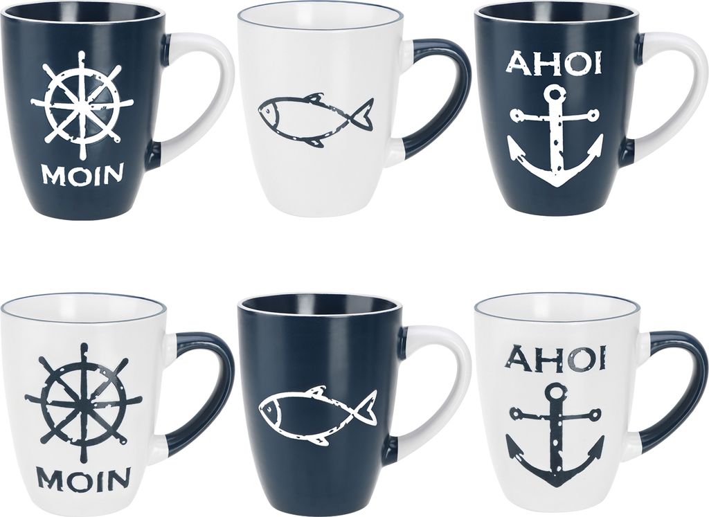 com-four 6x Kaffeebecher aus Keramik - Maritime Kaffeetassen