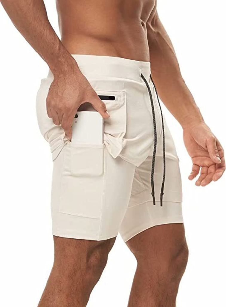 ASKSA Herren 2 in 1 Shorts Laufshorts Fitness Laufhose Gym Fitness Kurze Sporthose mit Taschen, Beige, M