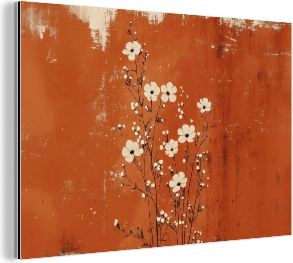 MuchoWow Wanddekoration Metall Metallbild Wandkunst 120x80 cm Blumen - Weiß - Dezent - Rostfarbe MuchoWow Aluminium Gemälde - Alu Bild