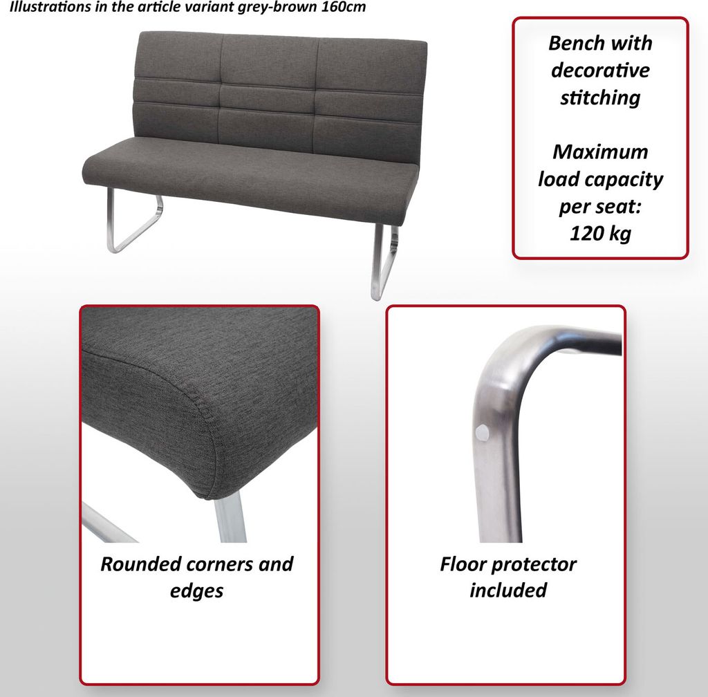 Set 2x Esszimmerstuhl+Sitzbank MCW-G55, Bank Küchenstuhl Stuhl, Stoff/Textil Edelstahl grau-braun Bank 180cm