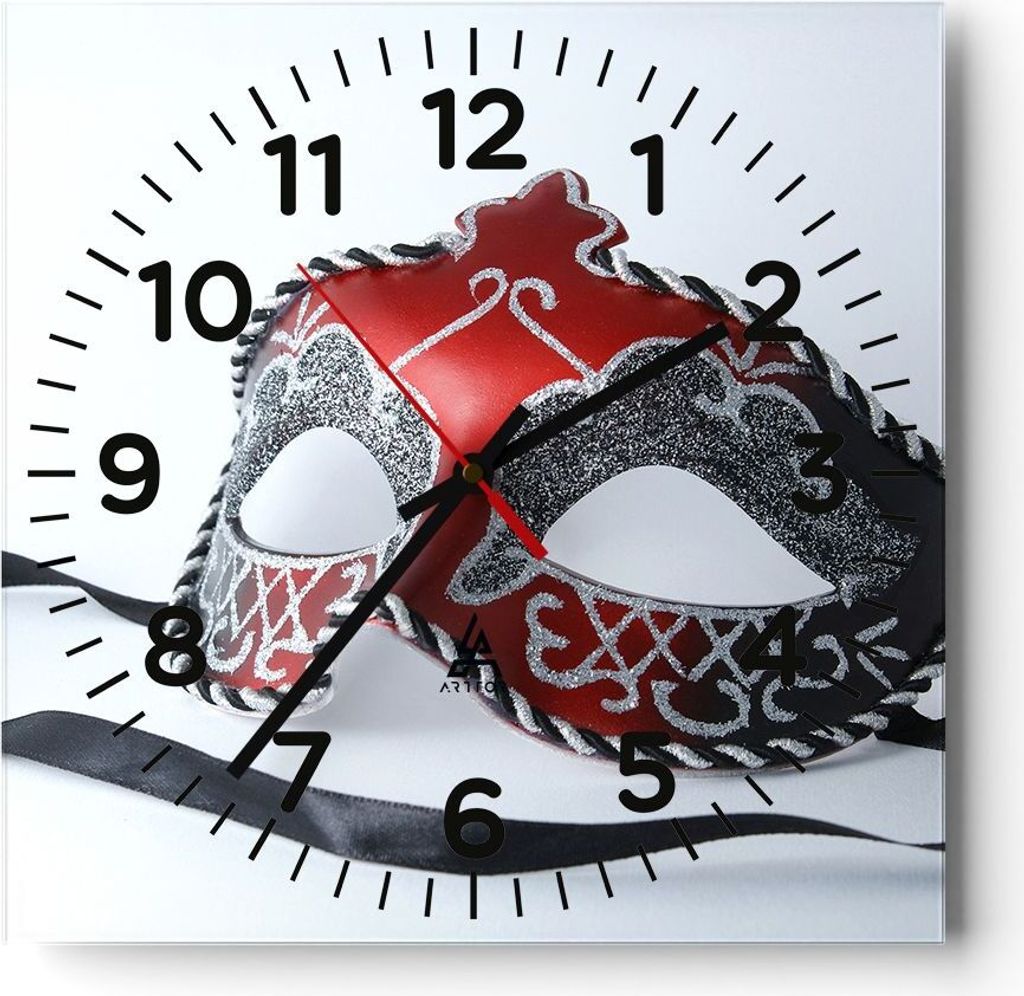 Wanduhr - Quadrat - Glasuhr - Venedig Karneval Maske - 30x30cm - Schleichendes Uhrwerk - Lautlos - zum Aufhängen bereit - Dekoration Modern - Wand...