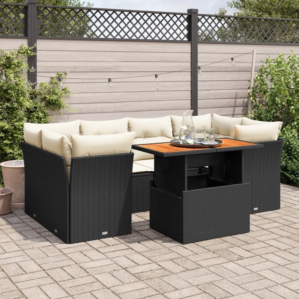 Eleganten-Stil 7-tlg. Garten-Lounge-Set mit Kissen Garten-Sofagarnitur, Outdoor Indoor, Schwarz Poly Rattan Gartenmöbel-Sets CHY20882102
